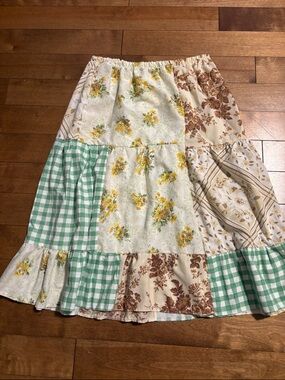 Boho Patchwork Floral Skirt in Green and Cream made with Vintage Cotton Sheets